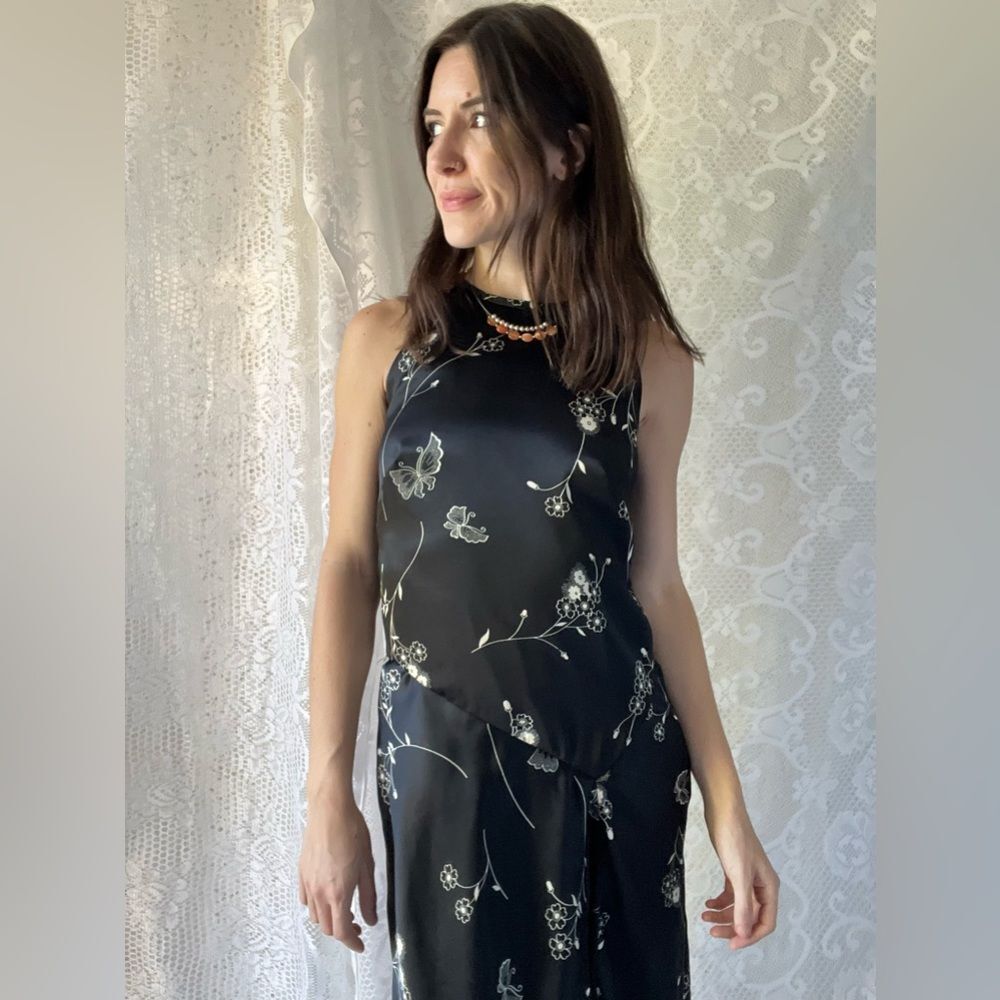 Vintage 90s Black Floral Butterfly High Neck Midi Dress - Picture 11 of 12